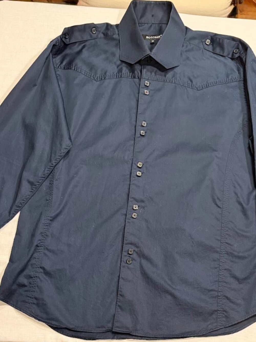 Bogosse Men’s Size 5 (L) Navy Cotton Western Yoke Epaulette Long Sleeve Shirt